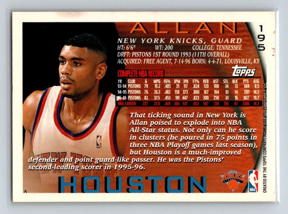 1996-97 Topps #195 Allan Houston New York Knicks Basketball Card - Image 2 of 2