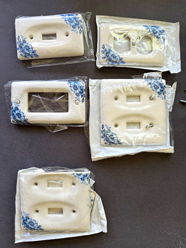 VTG Blue Floral Ceramic Toggle Light Switch Wall Plate Cover, White Gloss Finish