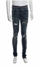 AMIRI Distressed Skinny Blue Denim Jeans Medium Wash 5-Pocket Button Zipper
