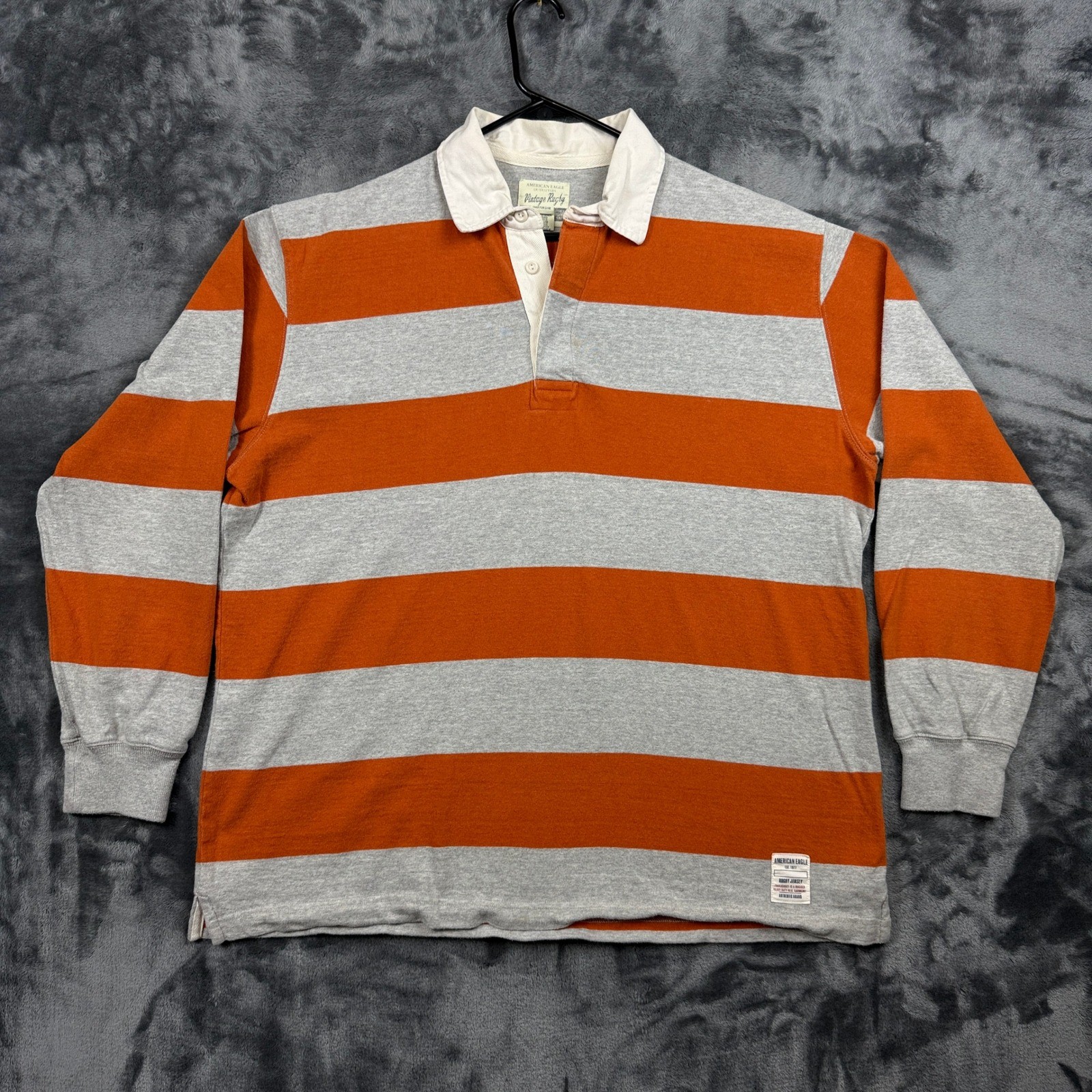 American Eagle Rugby Shirt Mens Large Orange Gray Striped Vintage Long Sleeve