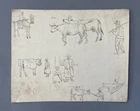 Antique drawing, animals and shepherds, peasants, ink, sketch, 19th century