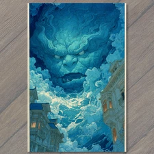 Art Print Giant Dragon Cloud Sea Cliff City Fantasy Blue Swirl