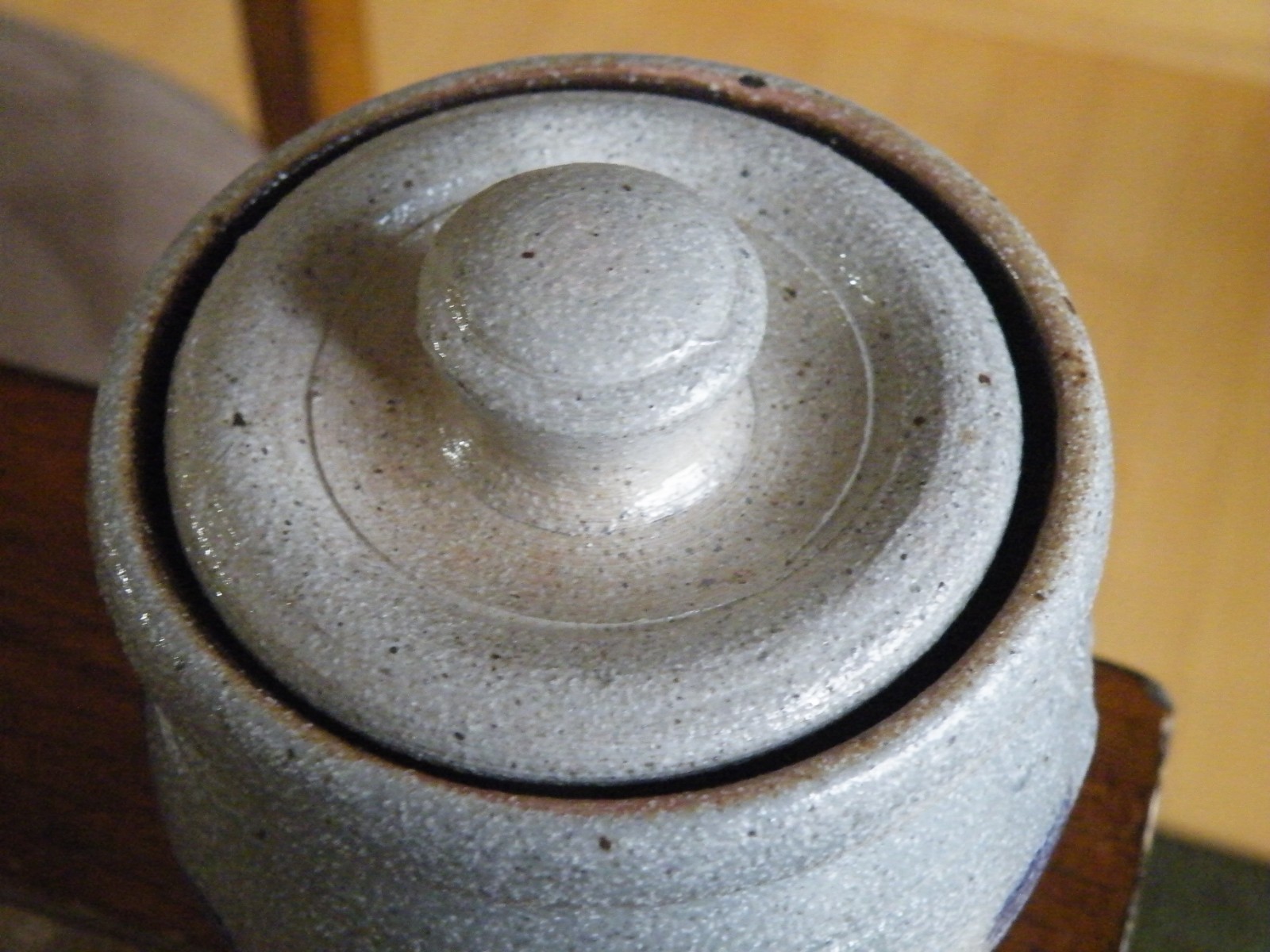 Rowe Pottery Salt Glazed BLUE HEART 4.75" Canister Crock w/ LID 1988 + Cruet 5.5