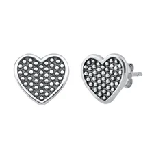 Sterling Silver Oxidized Promise Heart Granulated Love Simple Polka Dot Earrings