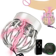 Male E-Stim Shock Chastity Cage Time Delay Ball Stretcher Enhancer Ring Men