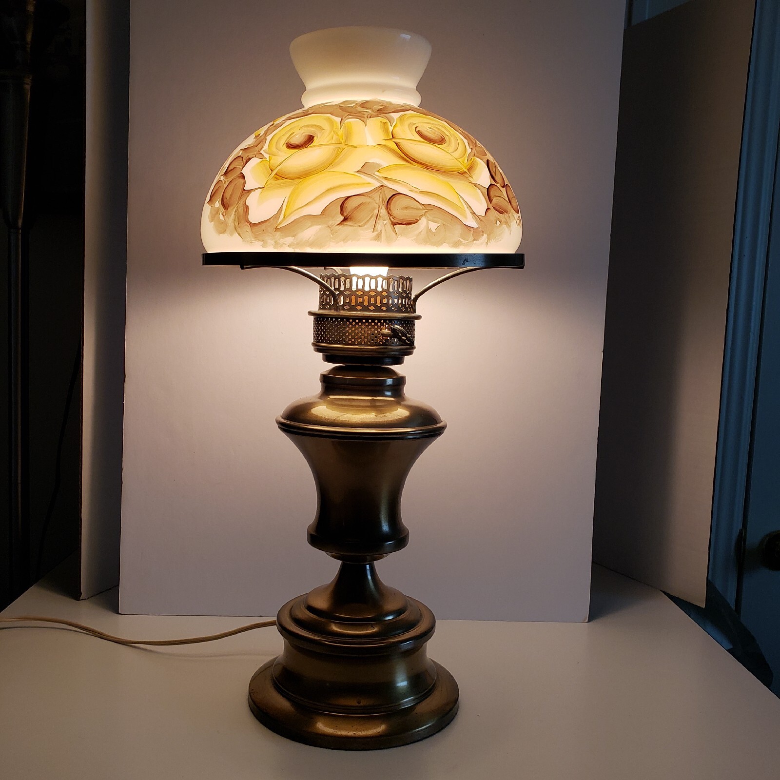 Brass Hurricane Electric Table Lamp + Milk Glass Floral Painted Shade