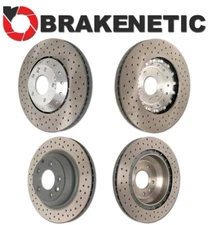 FRONT+REAR BRAKENETIC Premium Drilled Brake Rotors+Pads+Sensors 390mm GTS Turbo