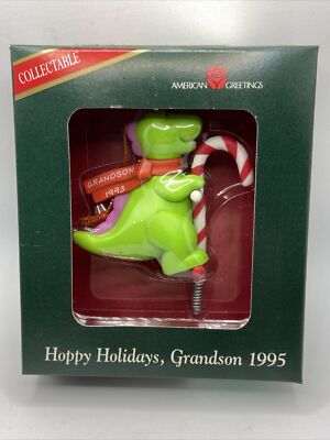 Happy Holidays Grandson 1995 American Greetings Dinosaur On Candy Cane Ornament