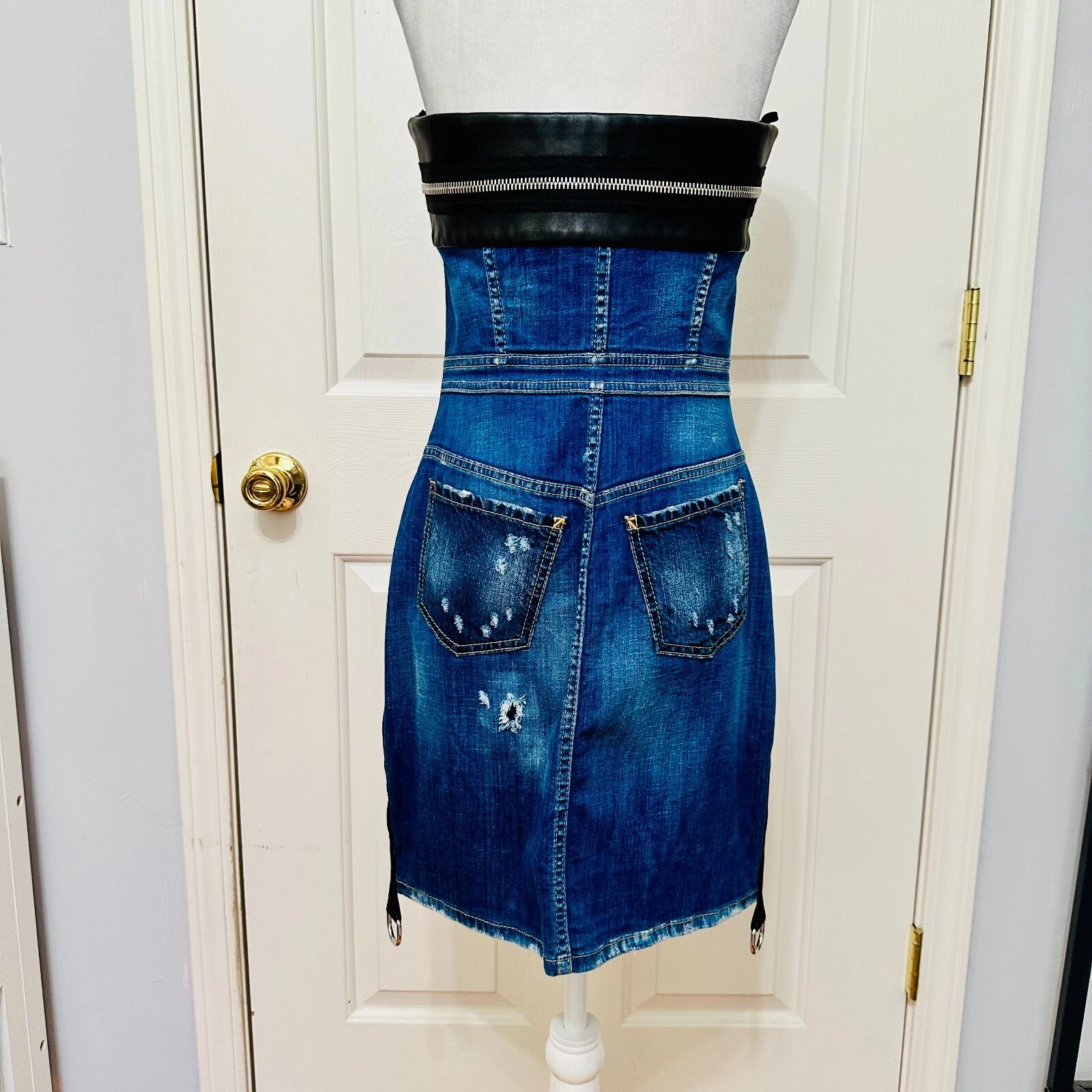 DSQUARED2 ABITO BODYCON ROSSO E NERO A QUADRI PELLE DENIM FULL ZIP 44 8 ITALIA