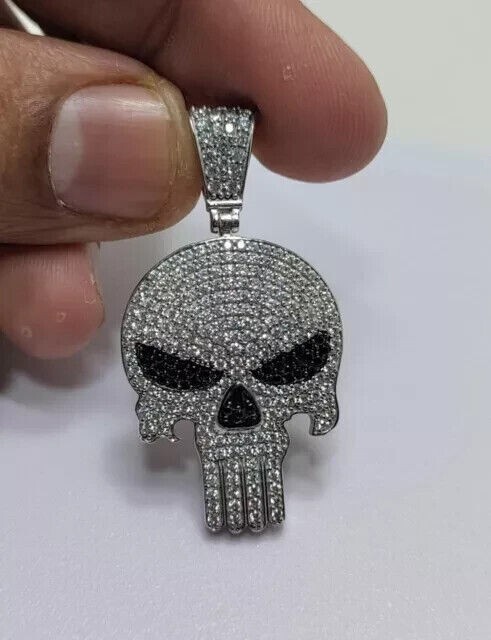 Collar Colgante Calavera Castigador Diamante Simulado 2 Ct RD Para Hombre Chapado en Oro 14K