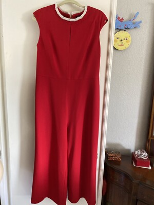 Rare Karl Lagerfeld Paris Red Pearl Detail Wide-Leg Cropped Romper Jumpsuit  12 - Main Image