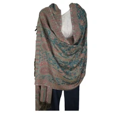 Shawl | Wool + Modal | Paisley Design | Handloomed | Tassels | Cyan & Sand