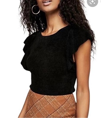 New Free People Nikita Black Ruffle Crop Top Rayon Knit Stretch Size M