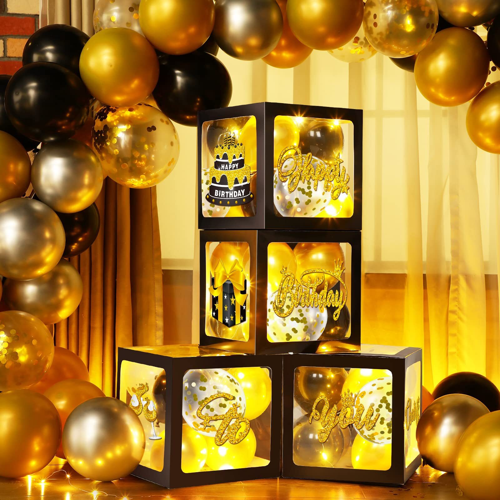 51-Piece Gold & Black Party Decor Kit with Balloons, Boxes & Banners