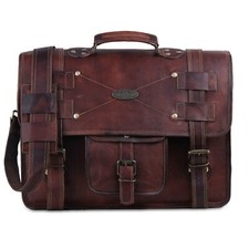 Men's 15" goat leather messenger Real satchel bag genuine laptop brown briefcase