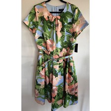 Tahari ASL Pleat Neck Belted Fit & Flare Dress Size 14 Koq Peach Magnolia
