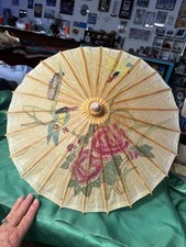 Oriental Umbrella Bamboo  Paper Hand Painted Vintage Hand Crafted Birds Flowers