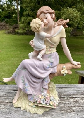 Porcelain Mother and Child Figurine w/ Flower Basket 10.5''  Tall, No Makers Mark