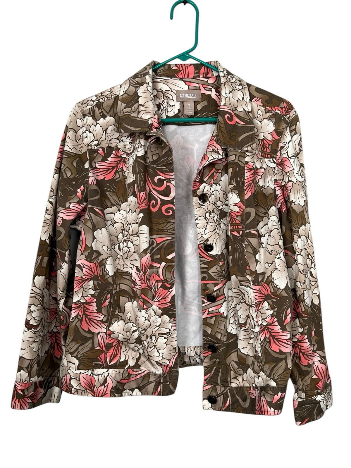 Chico’s Colorful Floral Button Up Jacket in Women’s Size 3, Pink White Gray