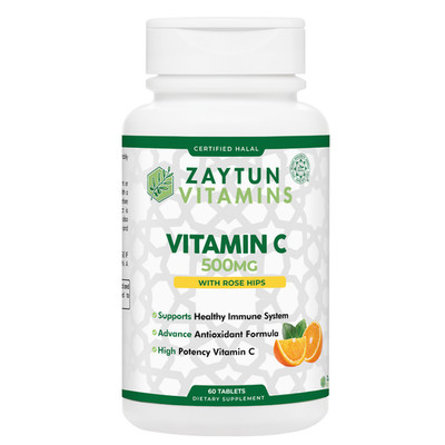 Zaytun Halal Vitamin C 500mg Tablets + Rose Hips Supports Immune System, 60 Tabs