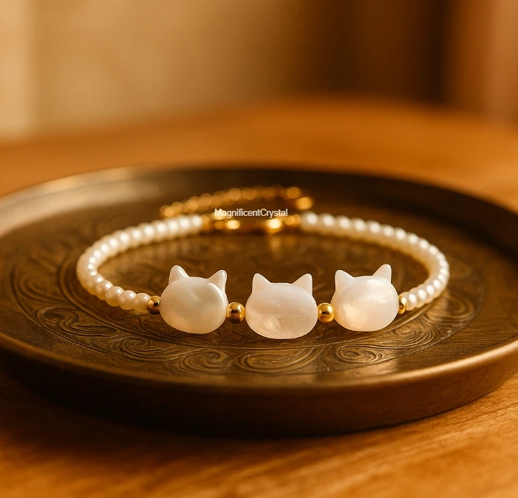 Pulsera madreperla gato perla agua dulce mujer joyería delicado cristal regalo Foto 4 de 4