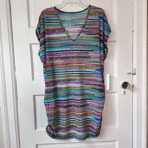 Anne Cole V-Neck Mesh Tunic Swimsuit Coverup Colorful Stripes Ruched Sides NWT - Picture 12 of 12