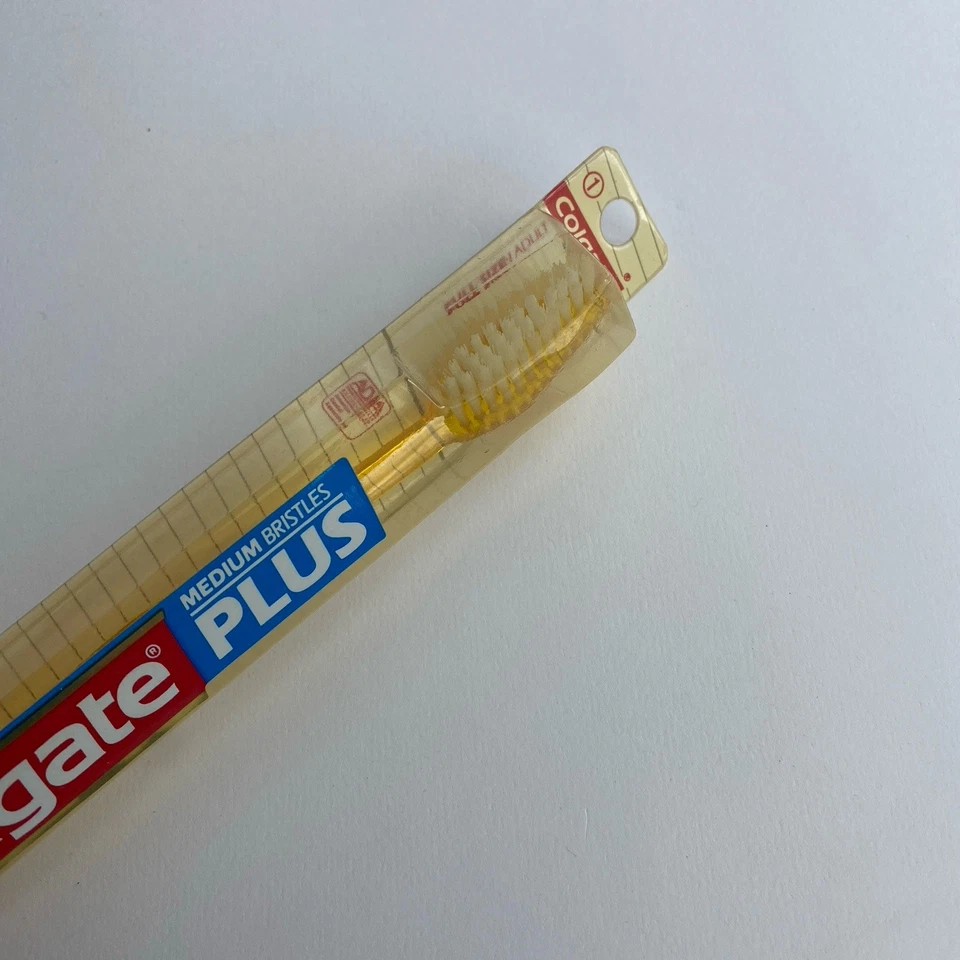 Vintage Colgate Plus Toothbrush Compact Full Head Medium Bristle Yellow Prop NOS - Image 2 of 4