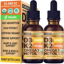 2 Pack Organic Vitamin D3 K2 Drops with MCT Oil Omega 3, 5000 IU, Maximum S...