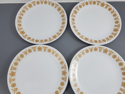 4 Vintage 70s Corelle Pyrex Butterfly Gold White Dinner Plates 10-1/4"