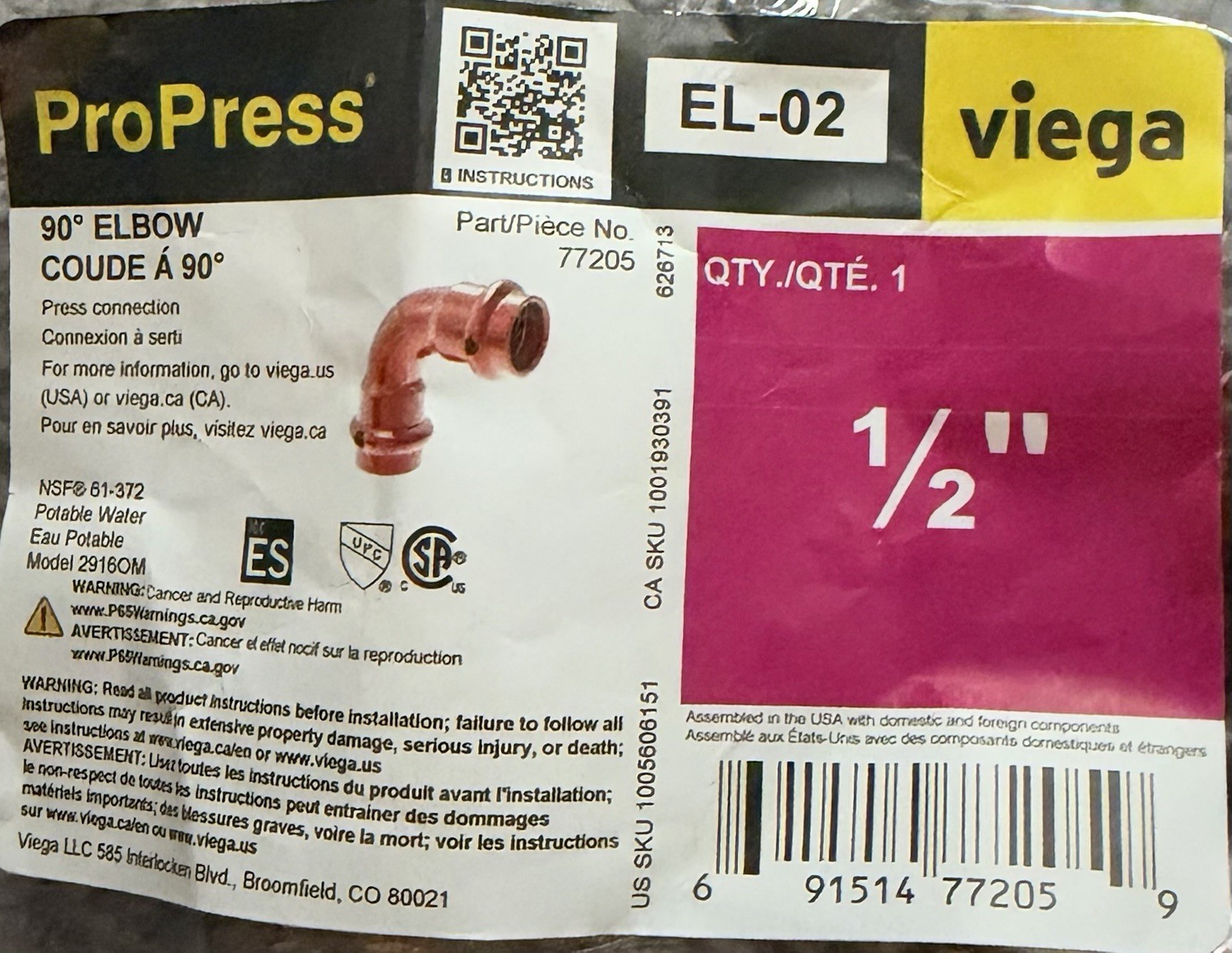 Lot of 8 - Viega 77205, ProPress 1/2-in. Copper 90-degree Elbow Fittings