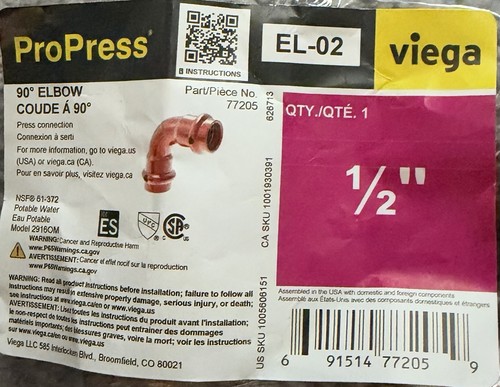 Lot of 8 - Viega 77205, ProPress 1/2-in. Copper 90-degree Elbow Fittings