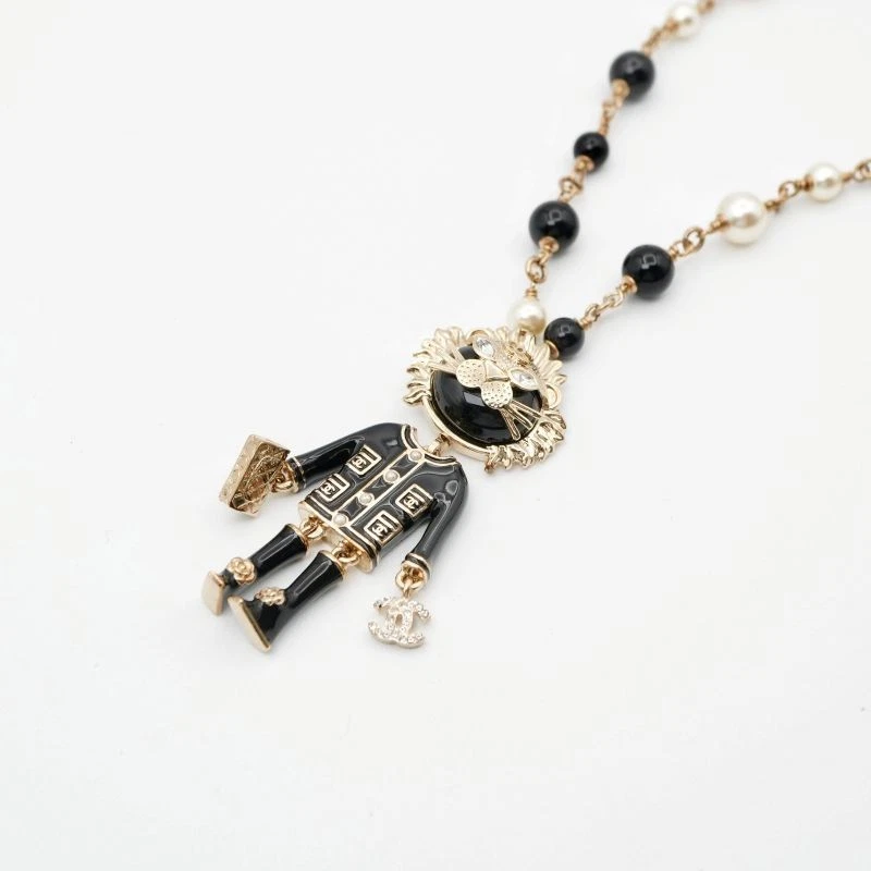 CHANEL Collana Ciondolo Girocollo Oro Nero Leone Marca Coco Logo Strass