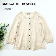 MARGARET HOWELL 100 Linen Knit Cardigan Ivory M Japan 3/4 Sleeve Crew Neck