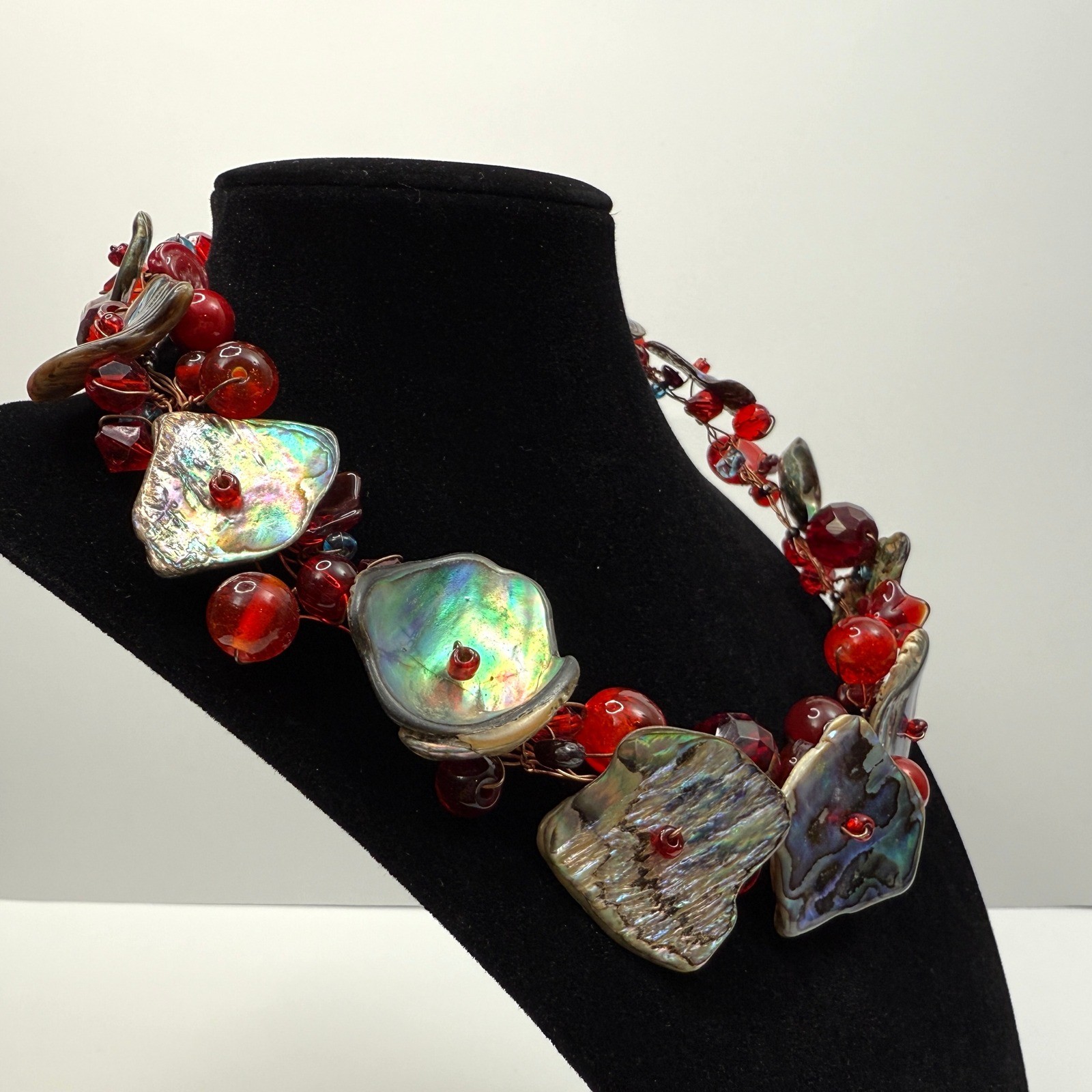 Abalone Shell Collar Necklace Statement Red Cryst… - image 5