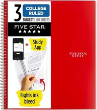 Five Star Spiral Notebook Study App 3 Subject Wide Ruled Paper 10-1/2" x 8"...