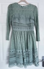 Women’s Green Lace Dress 3/4 Sleeve Crochet Boho Midi Party Dress size10