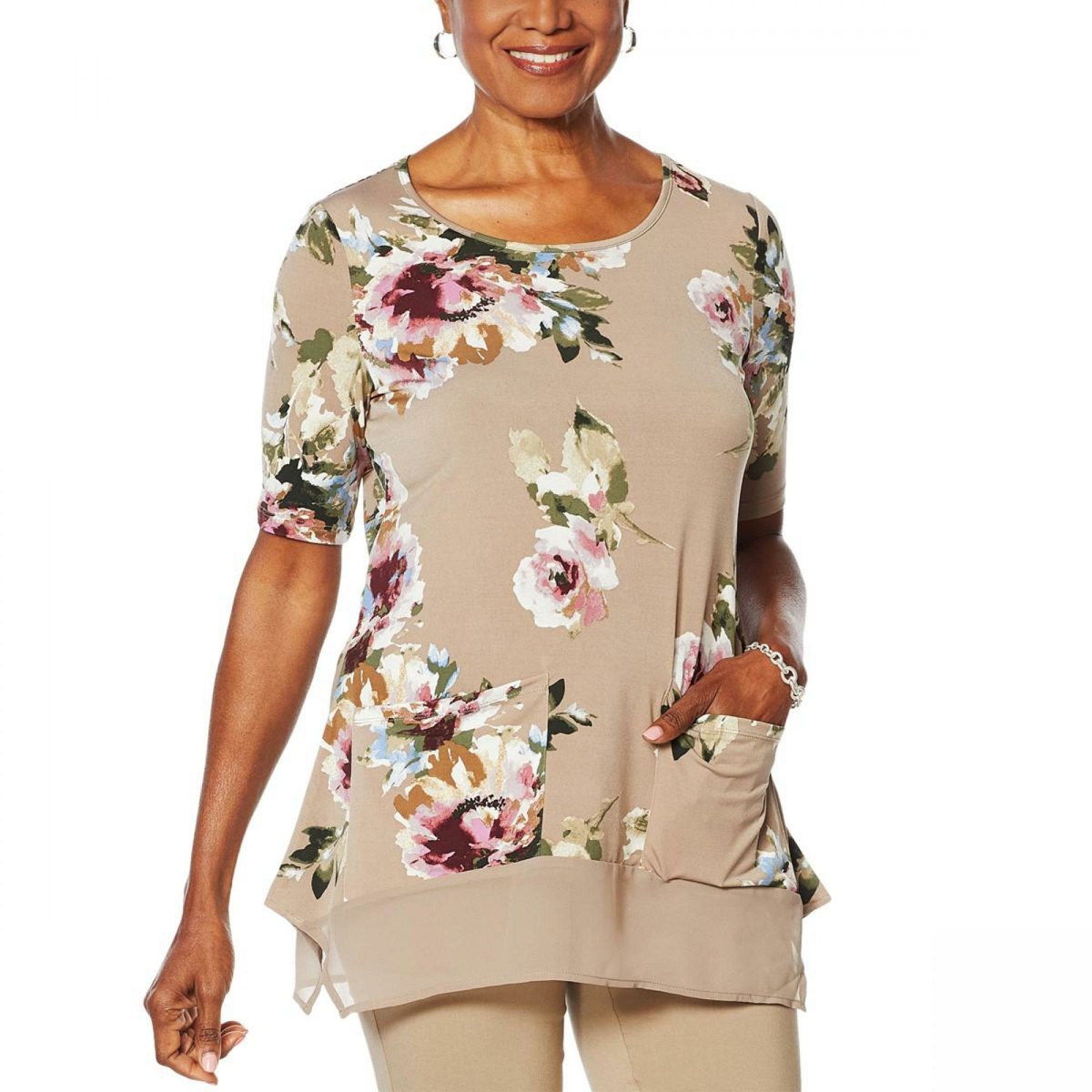 nWT Nina Leonard Women's Mixed Media Tunic Top With Pockets nWT Nina Leonard Women's Mixed Media Tunic Top With Pockets
