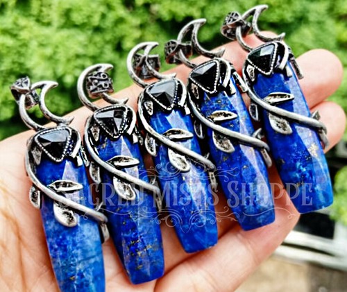 Lapis Lazuli & Onyx Moon Vine Leaf Tibetan Silver Crystal Pendant Jewelry - Picture 5 of 5