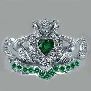 Authentic Heart Emerald & Simulate Diamond Bridal Set Claddagh Ring 14k White Gold Plated