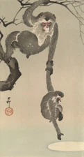 Japanese Art Repro, Monkey and Baby Reaching for Moon's Reflection OHARA KOSON