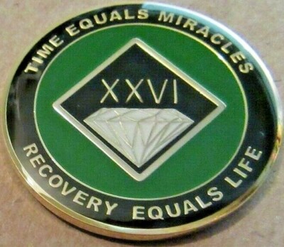 Narcotics Anonymous Green 26 Year Recovery Medallion NA Gold Black White Coin