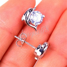 Classic Real 925 Sterling Silver Dolphin Round Crystal Stud Post Earrings L1043