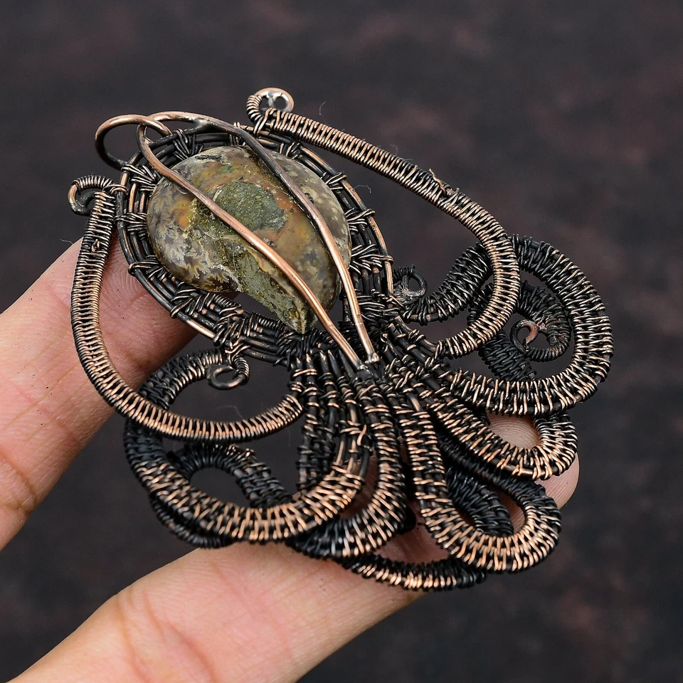 Ammonite Fossil Copper Bestie Gift Wire Wrapped Octopus Pendant 3.23" - Image 4 of 4