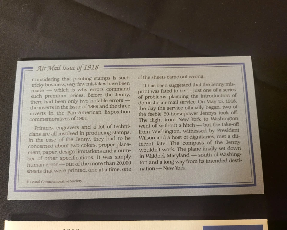 Inverted Jenny 1918 Air Mail Issue 22k Gold Replica First Day of Issue - Image 3 of 4