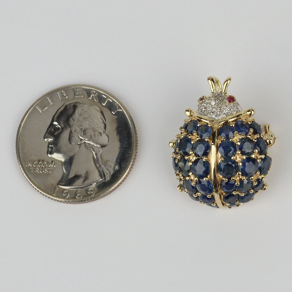 14k Yellow Gold, Sapphire, Ruby, Diamond Women's "Ladybug" Brooch Pendant - Image 4 of 4