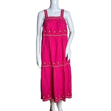 Loft Dress Womens XS Petite Pink White Tiered Midi Embroidery Bohemian Cottage