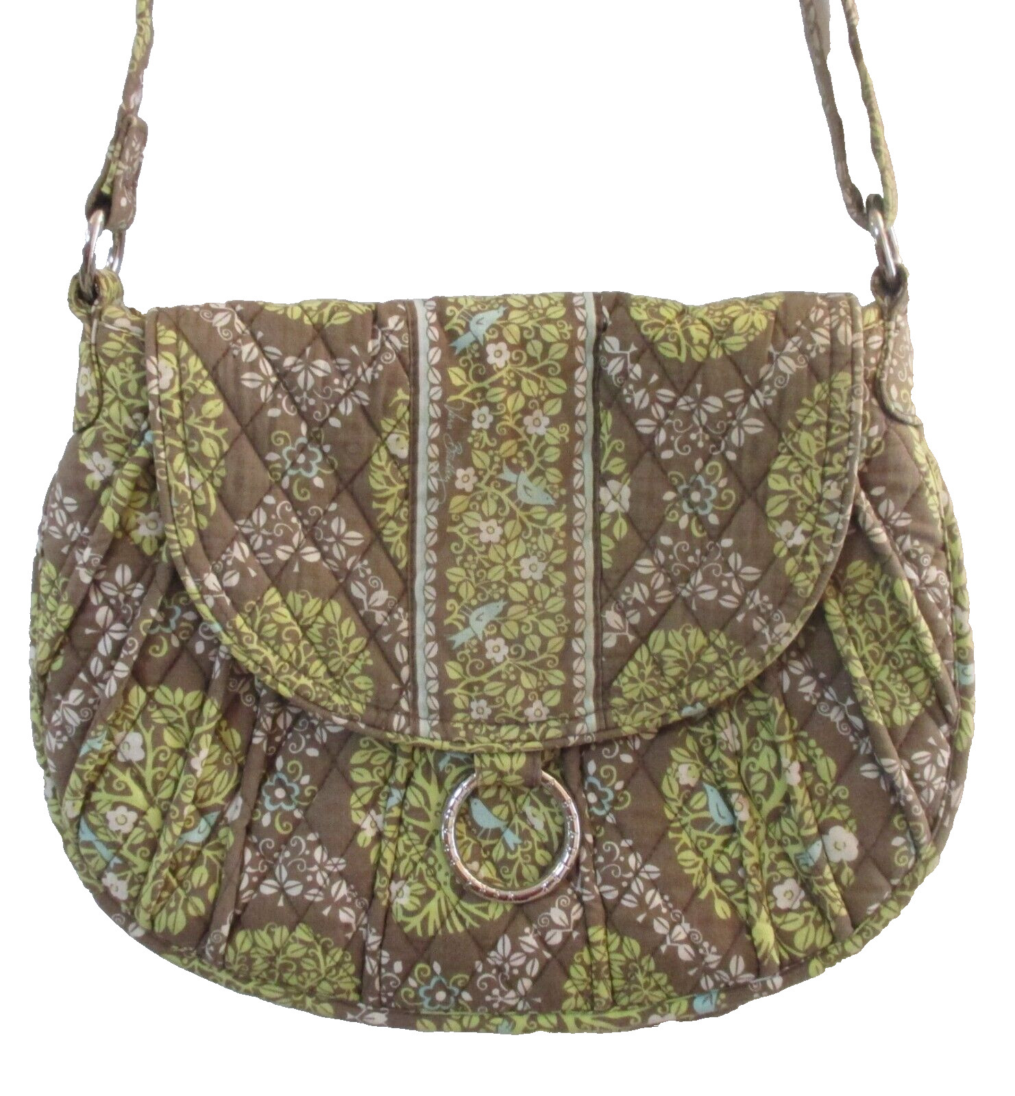 Vera Bradley "Sittin' in a Tree" Green Brown Blue Birds Saddle Up Shoulder Purse