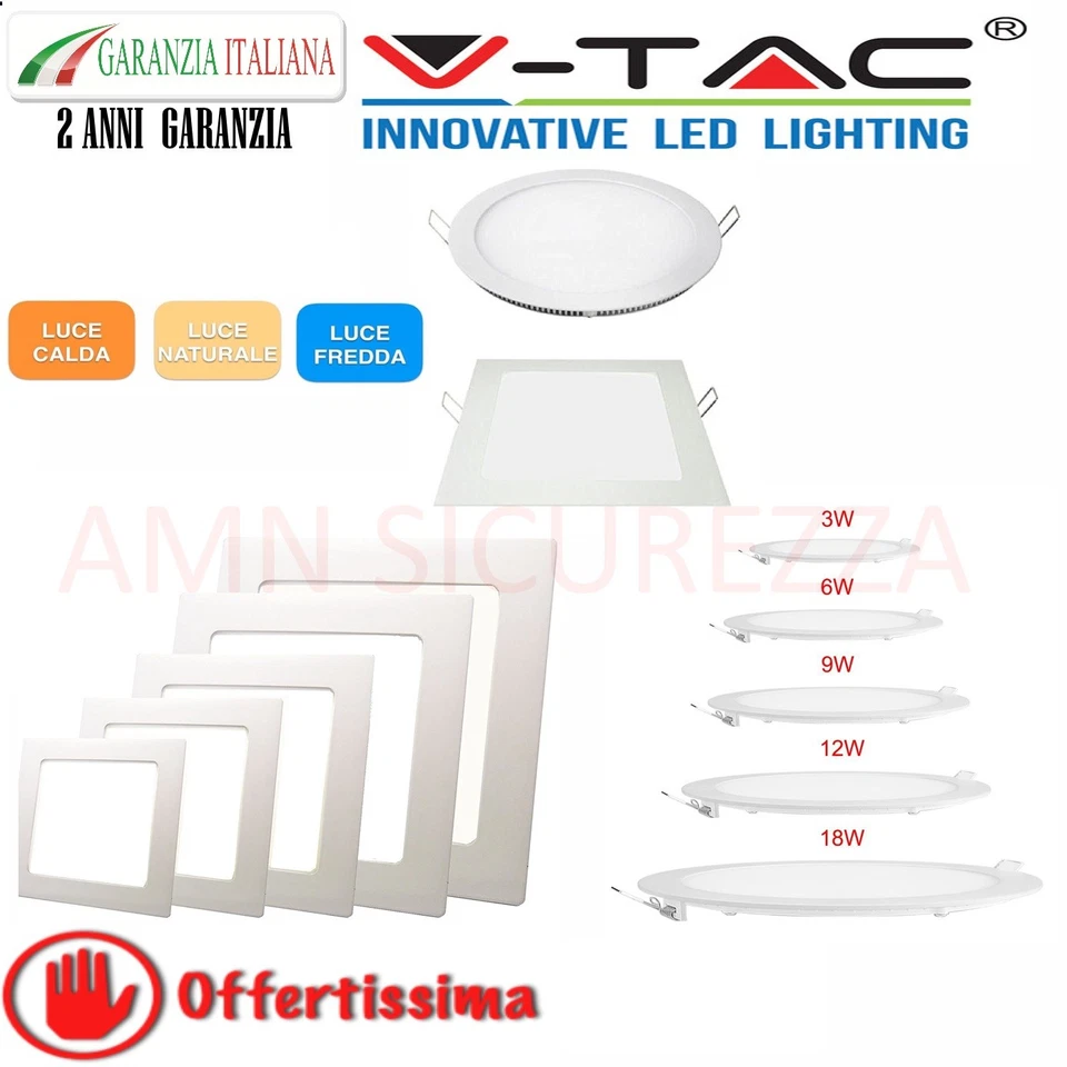PANNELLO LED V-TAC FARETTO DA INCASSO DA 3W 6W 12W 18W QUADRATO TONDO ULTRA SLIM