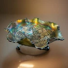 Vtg FENTON GREEN CARNIVAL GLASS GRAPE & CABLE RUFFLED BOWL W/FEET-7.5”-EUC