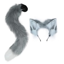 VIGVAN Animal Ears and Tail Cosplay Set - Wolf, Fox, Cat, Raccoon Grey White 